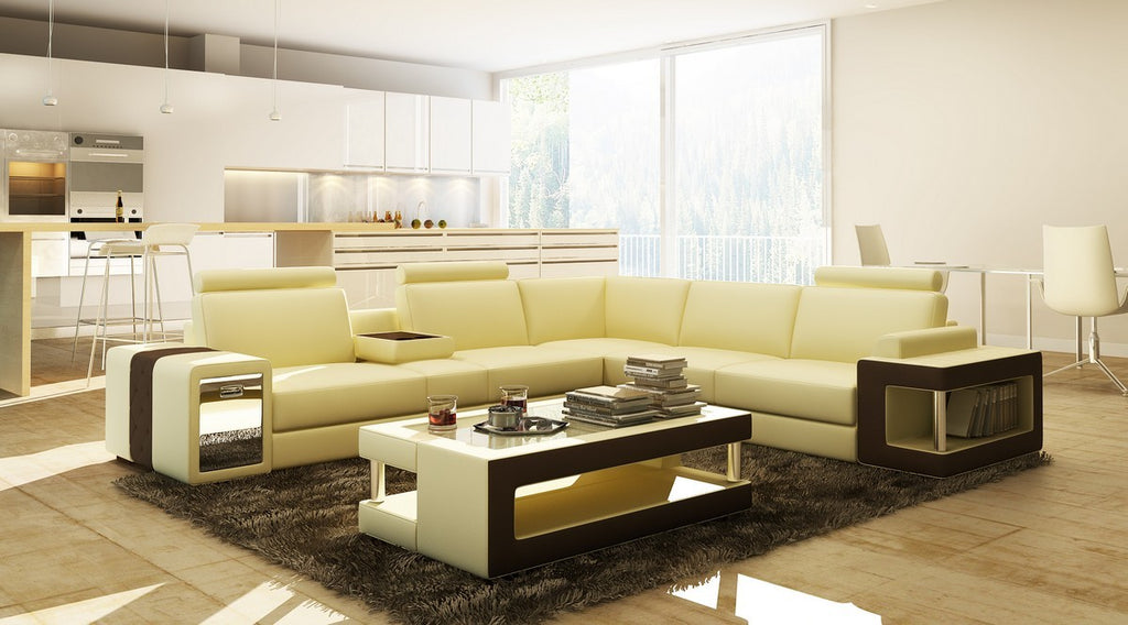 Beige and Brown Leather Sectional Sofa with Coffee Table