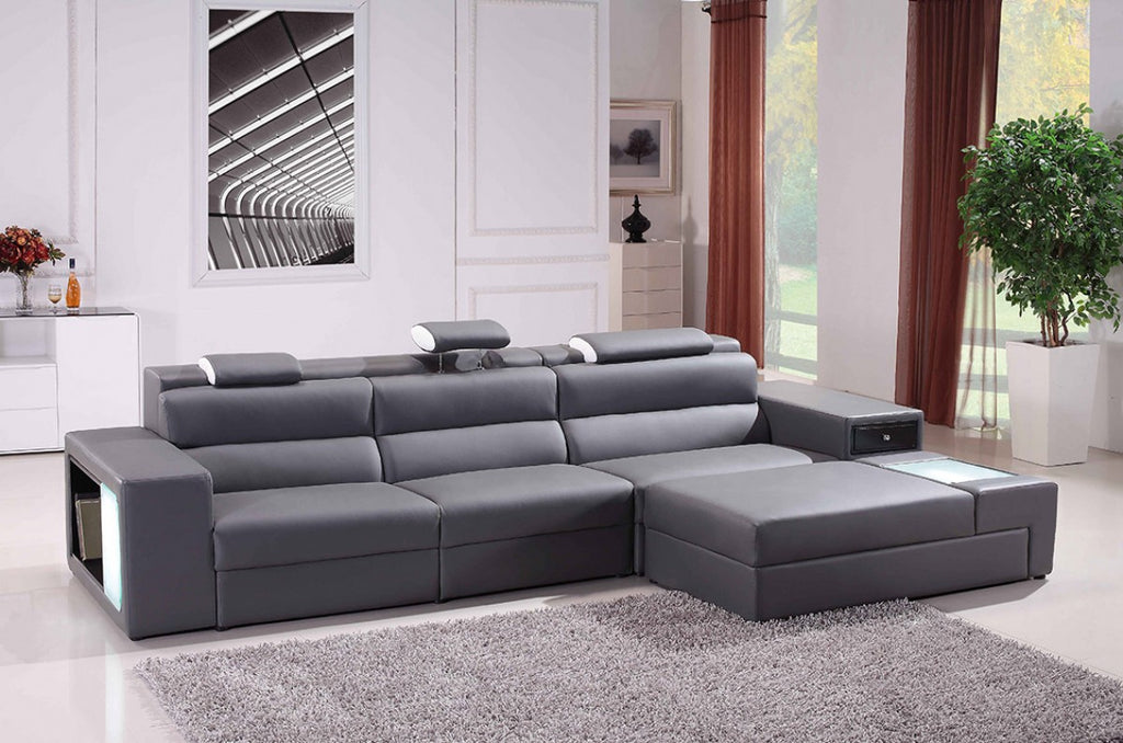 Mini Leather Sectional Sofa with Light, Bookcase, Storage, and Beverage Holder