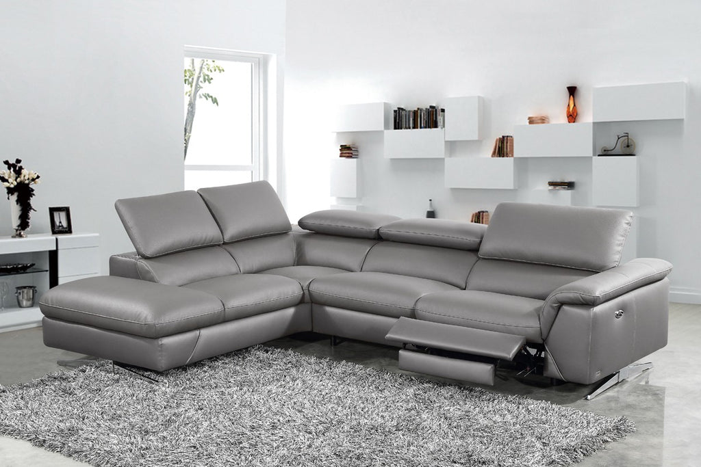 Modern  Dark Grey Leather Sectional Sofa with Recliner