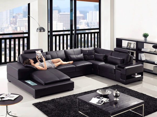 Modern Black Leather  Sectional Sofa with Light