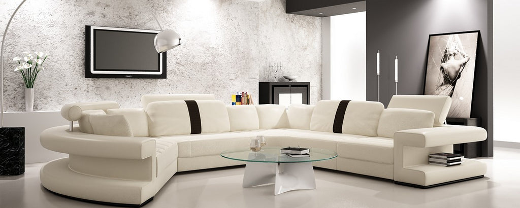 Modern White and Black Bonded Leather Sectional Sofa Set